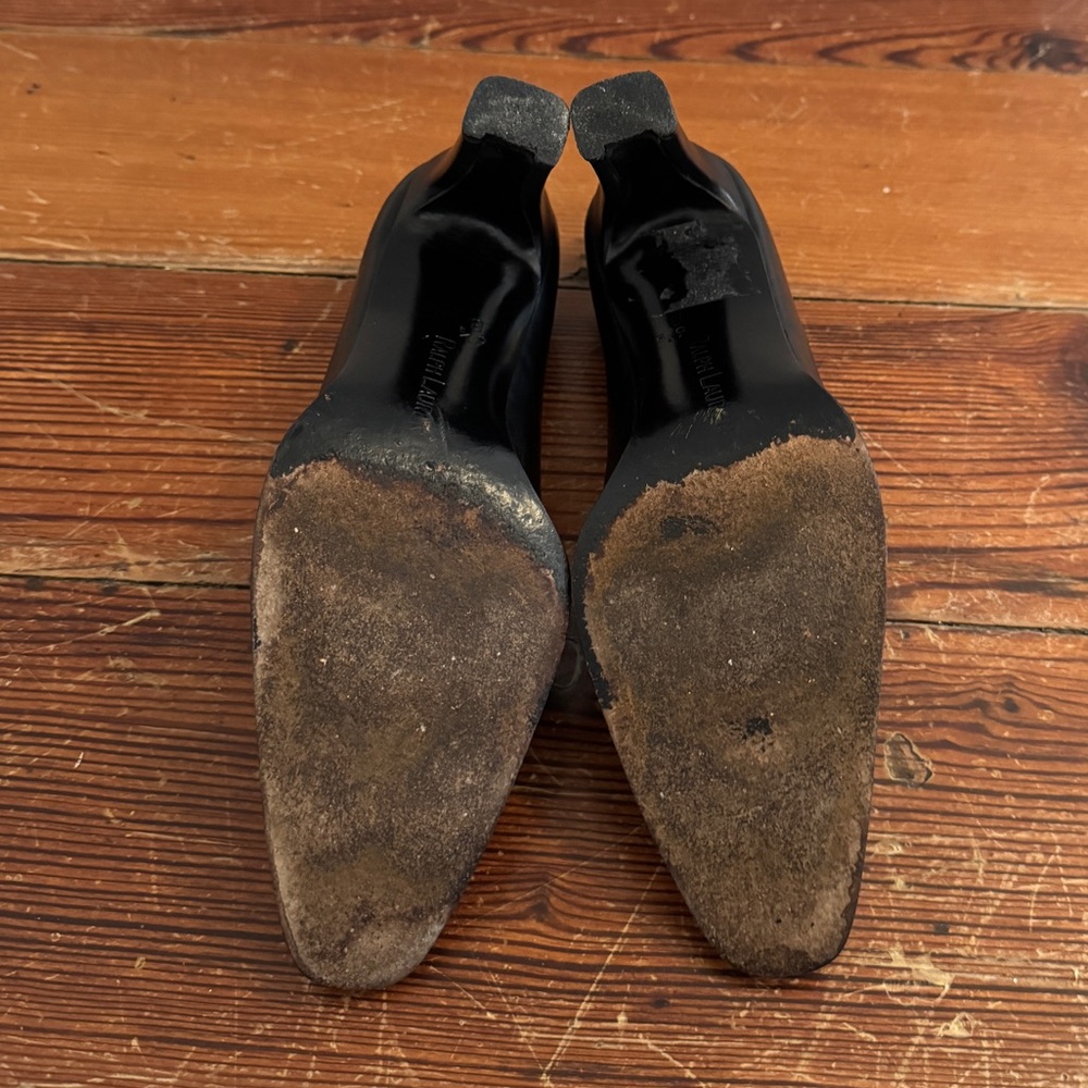 Vintage RALPH LAUREN Black Leather Size 6.5  Almond Toe Slip on Block Heel Pumps - Picture 10 of 11